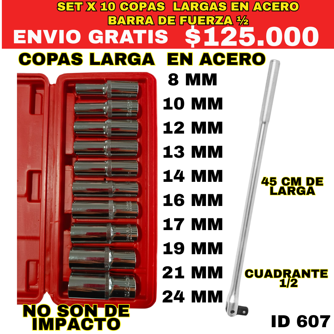 Set Copas Largas En Acero x 10 piezas + Barra de fuerza 1/2 ID607-ENVIO GRATIS