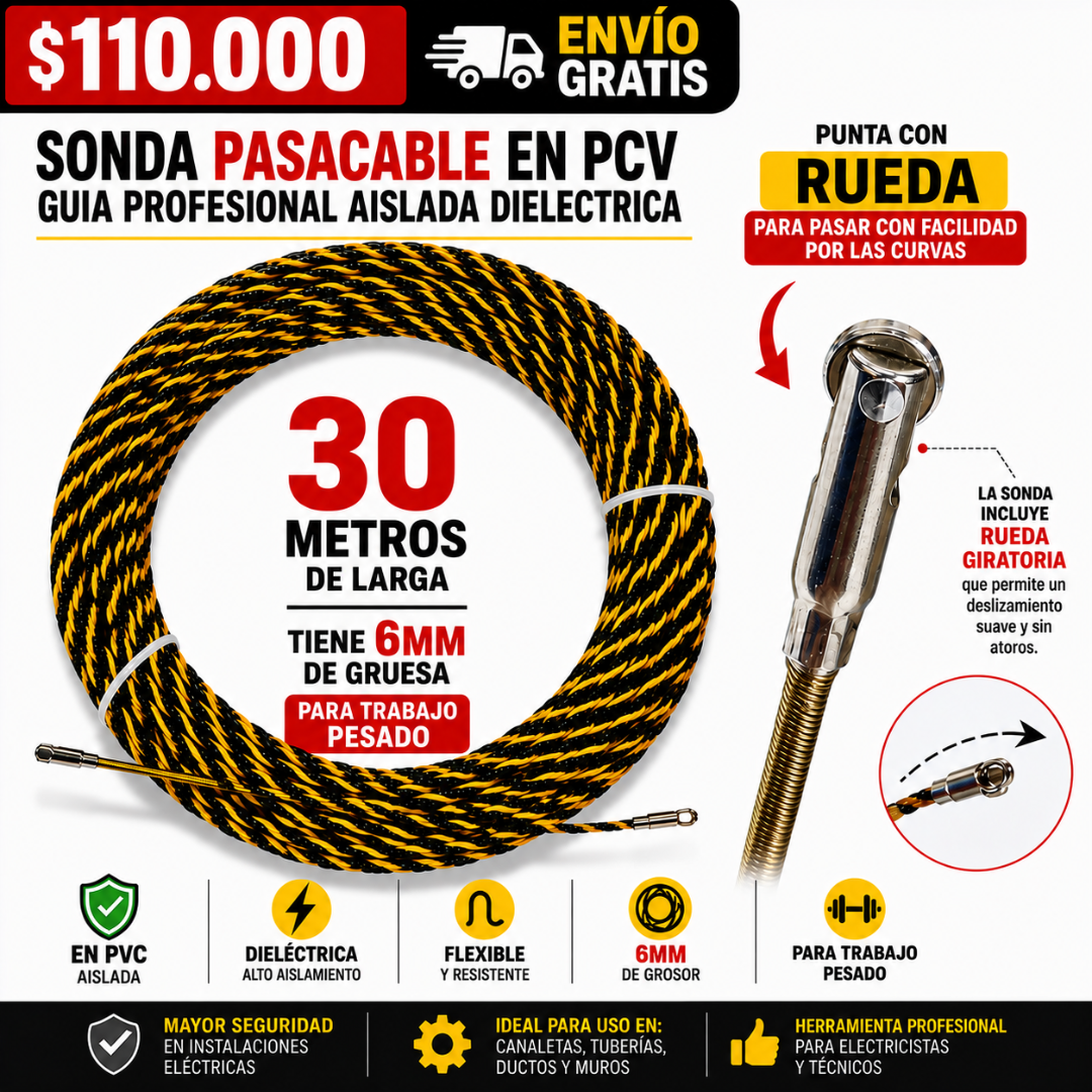 Sonda Pasacable PVC De 30 M 6 Mm de Grosor Punta Rueda ENVIO GRATIS