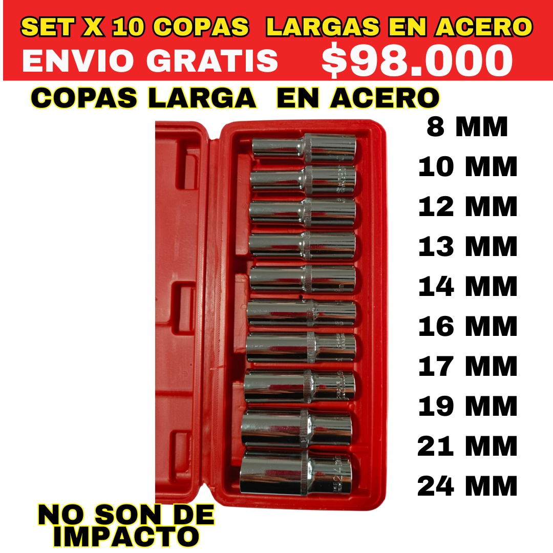 Set Copas Largas En Acero [NO SON DE IMPACTO]  x 10 piezas -ENVIO GRATIS