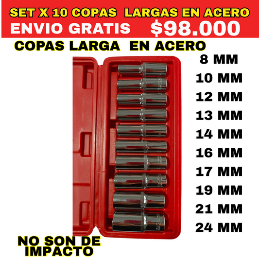 Set Copas Largas En Acero [NO SON DE IMPACTO]  x 10 piezas -ENVIO GRATIS