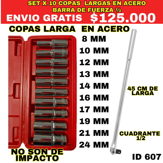 Set Copas Largas En Acero   x 10 piezas  + Barra de fuerza 1/2  ID607-ENVIO GRATIS