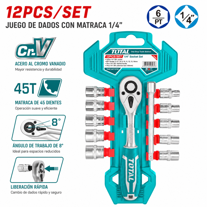 Juego de dados y Ratchet 1/4 de 12 pzas Marca Total