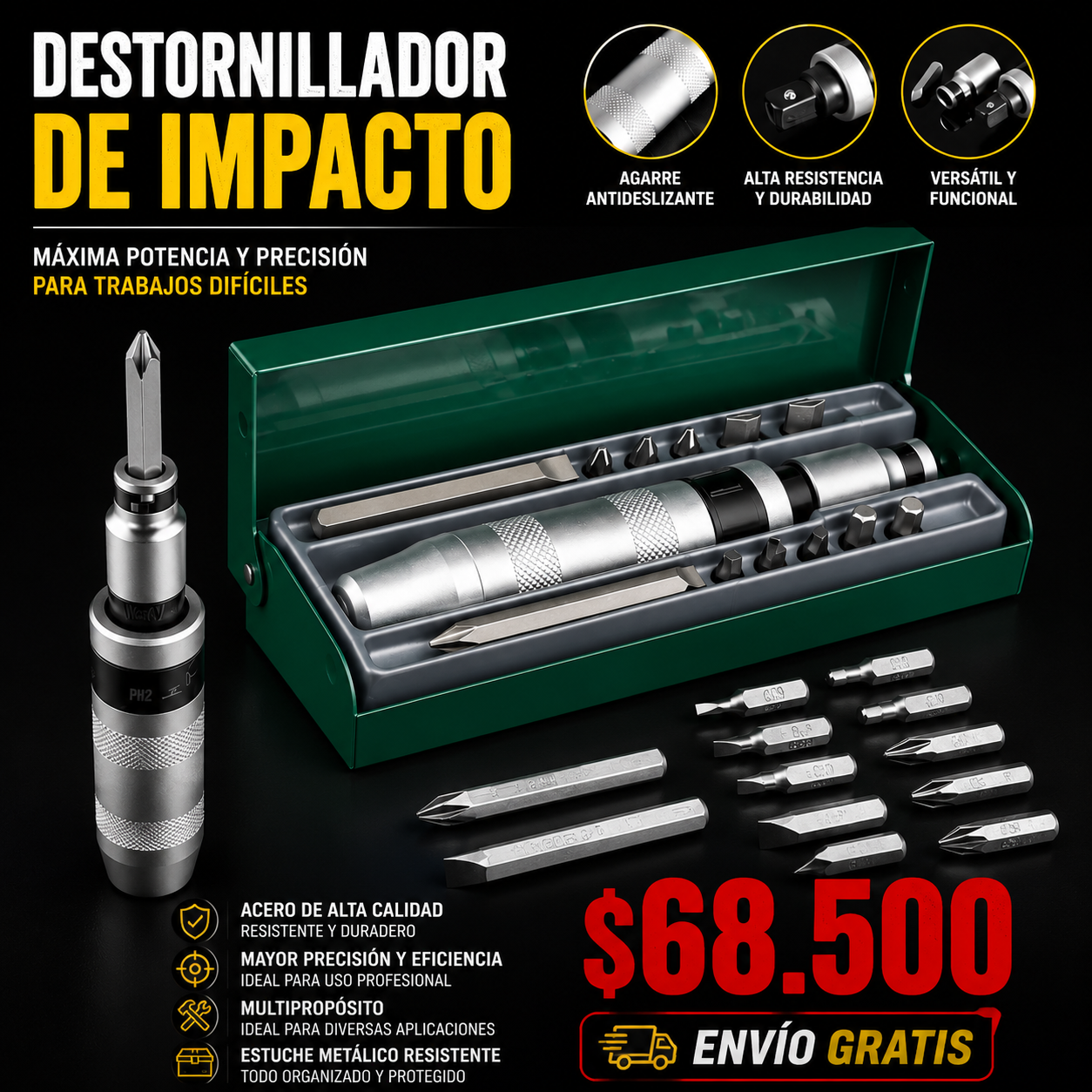 Destornillador De Impacto Para Trabajo Pesado 12 puntas Cuadrante 1/2