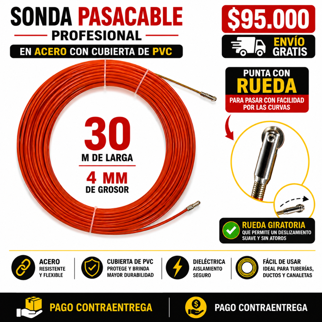 Sonda Pasacable Acero y PCV  De 30 M 4 Mm de Grosor Punta Rueda ENVIO GRATIS