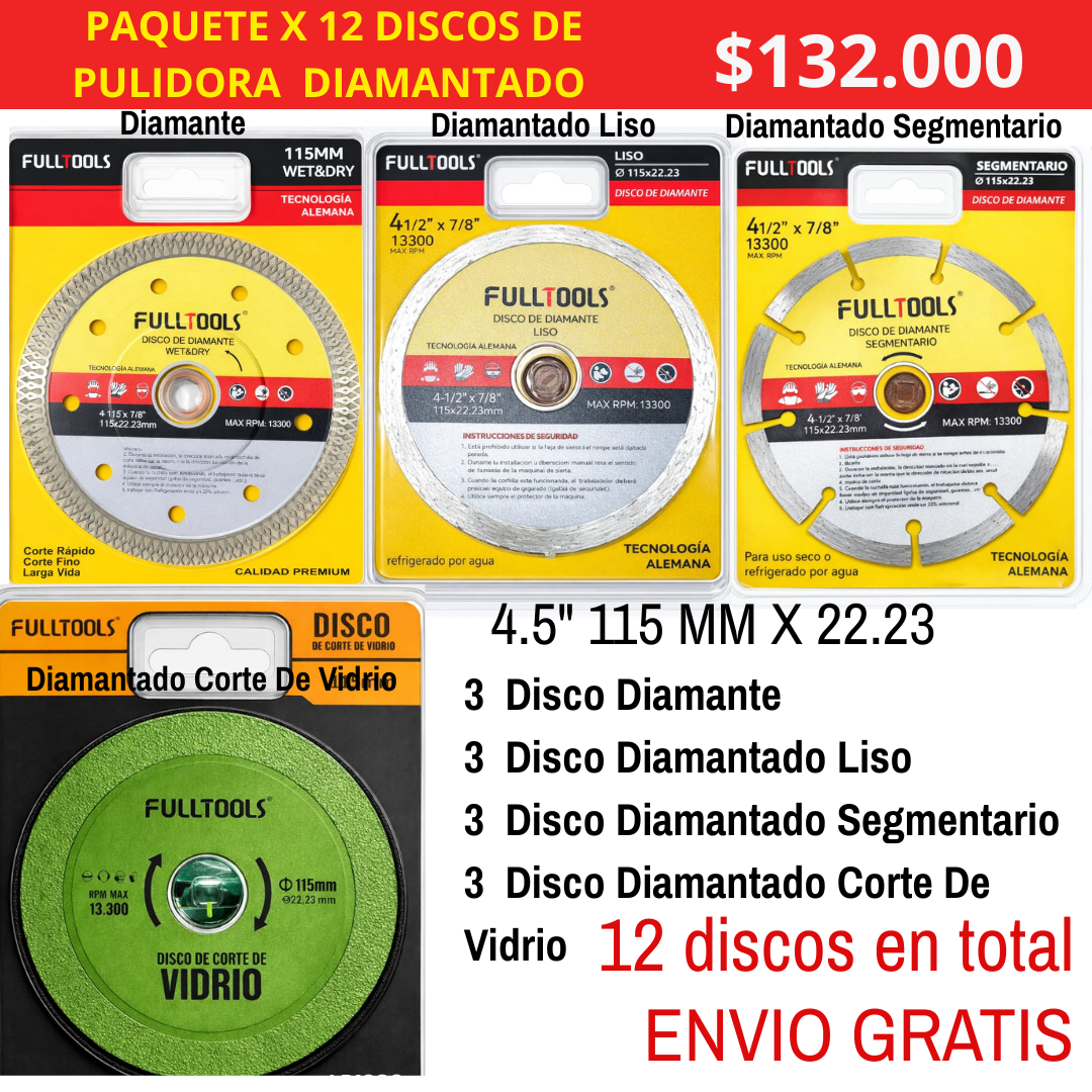 Paquete x 12 discos de pulidora  diamantado  4.5"  115 MM X 22.23 MM  ENVIO GRATIS